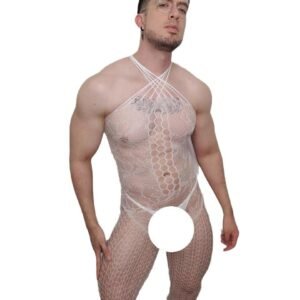 Men's sexy muscle underwear gay temptation off-shoulder hollow one-piece mesh clothing free to take off and expose chest